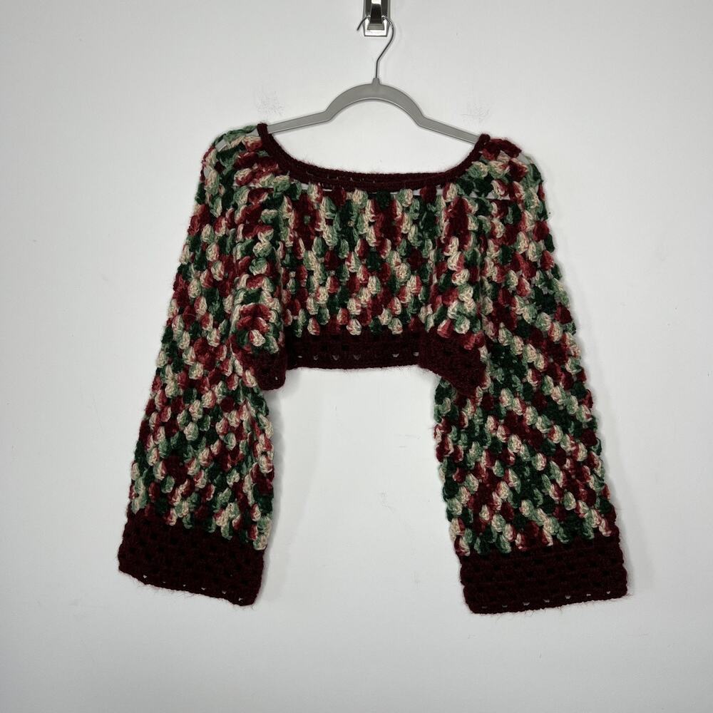 Handmade Crochet Sweater Womens Small Burgundy Green Crop Boho Bell Sleeve
